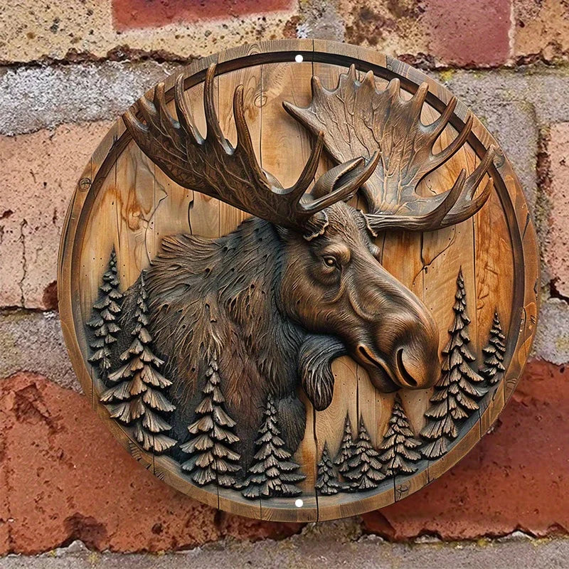 Moose and Pine Trees Circular Wood Carving Wall Decor, Waterproof Aluminum Metal Sign for Indoor and Outdoor Use, Rustic Wreath