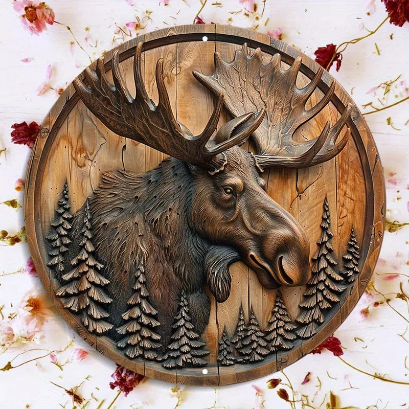Moose and Pine Trees Circular Wood Carving Wall Decor, Waterproof Aluminum Metal Sign for Indoor and Outdoor Use, Rustic Wreath
