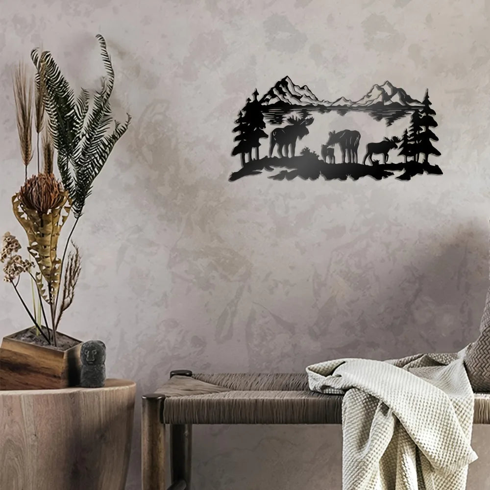 Moose Family Metal Wall Art, Rustic Mountain Lake Silhouette, Iron Wildlife Decor for Cabin Home Patio, Nature Hunting Gift