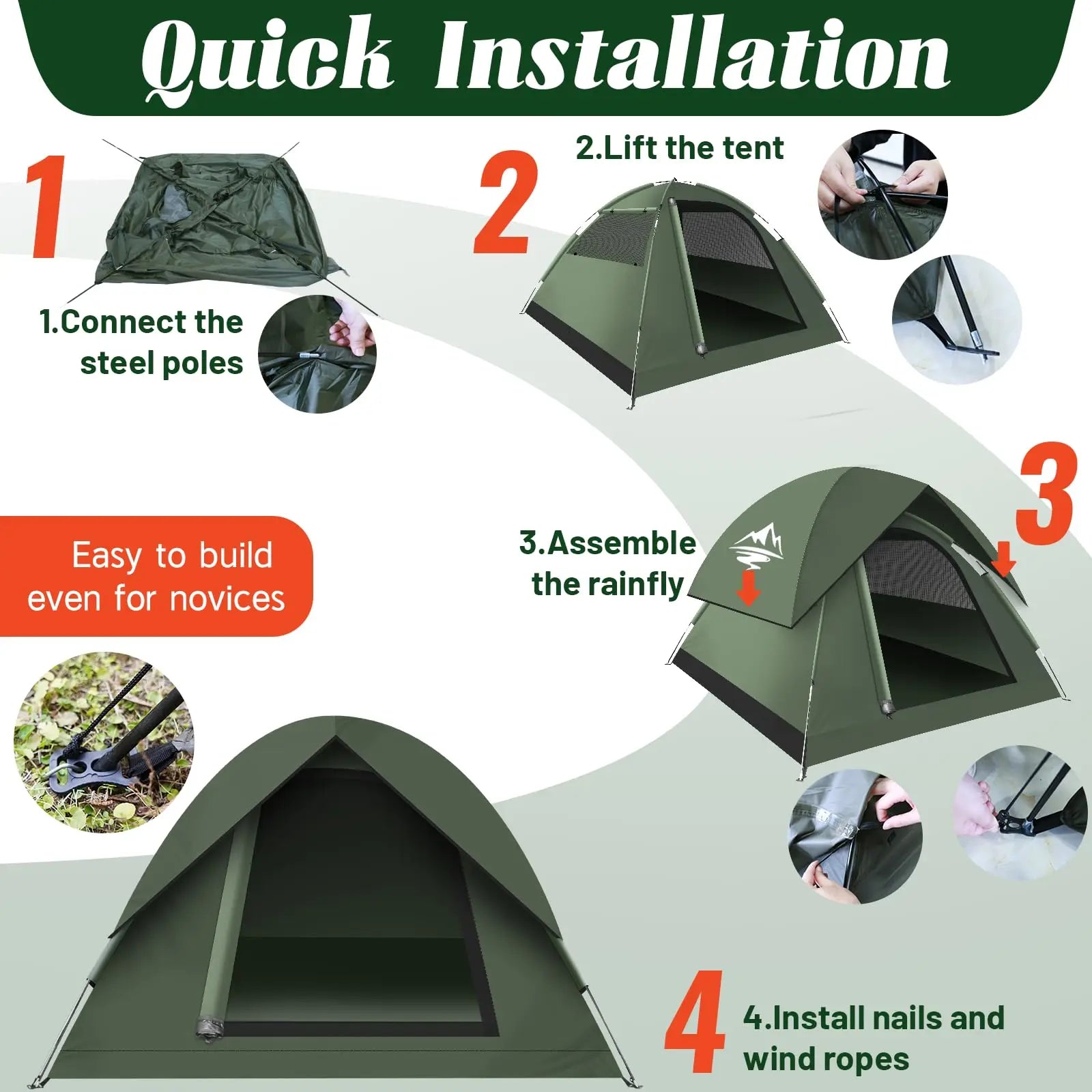 3-4 People Tents for Camping with Shelter 100% Waterproof Windproof  Easy Set Up Tent with Removable for Adventure Backyard