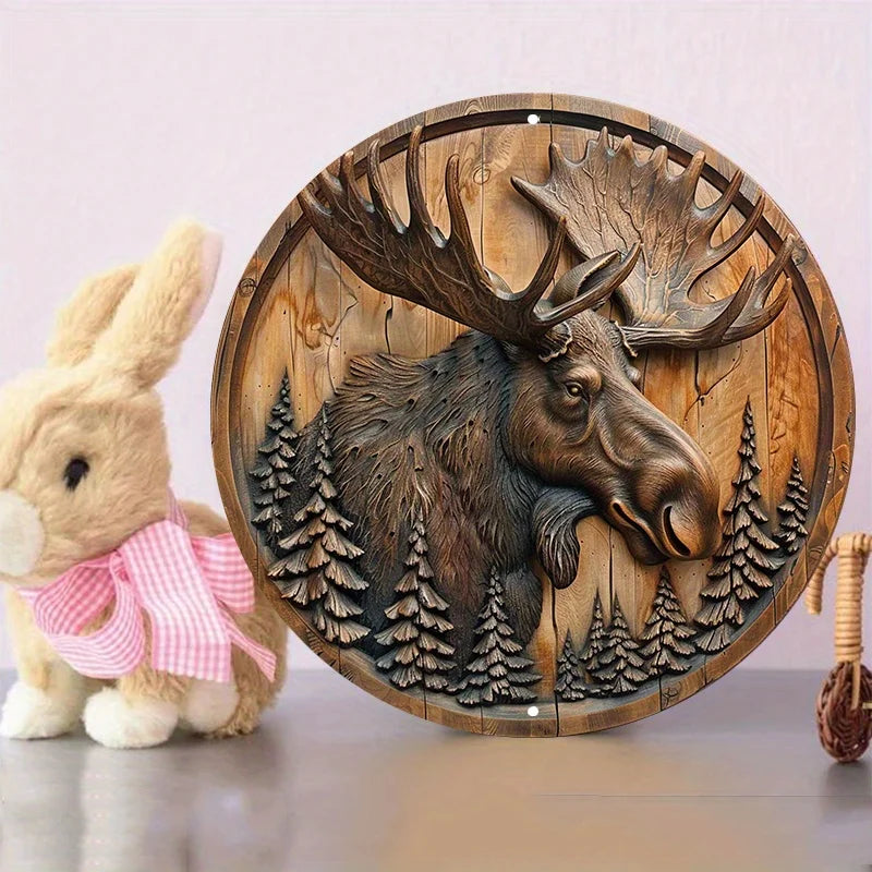 Moose and Pine Trees Circular Wood Carving Wall Decor, Waterproof Aluminum Metal Sign for Indoor and Outdoor Use, Rustic Wreath