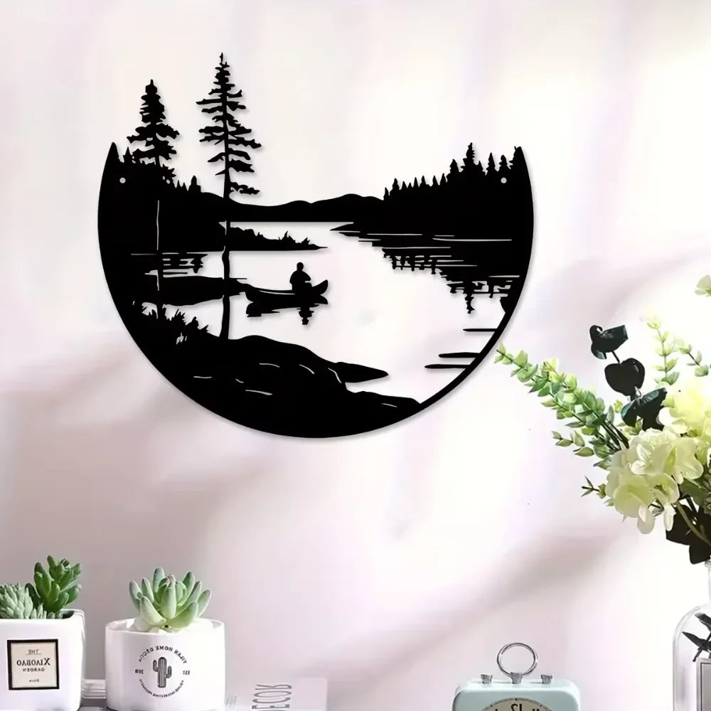 1PC Round Metal Wall Decor Bohemian Lake Mountain Silhouette Art Rustic Outdoor Sculpture for Home & Patio Decoration