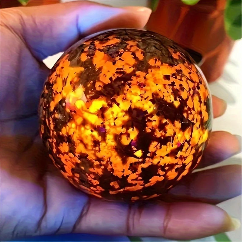 1 Yooperlite Flame Stone Sphere -A Vibrant Crystal Decoration with Orange and Black Inlaid Patterns,perfect for The Home
