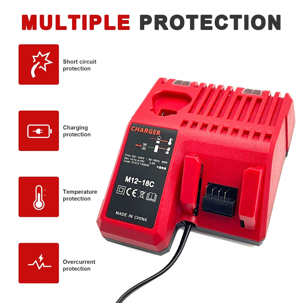 Replace 3A 12V 14V 18V Rapid Fast Li-Ion Charger Fit For Milwaukee M12-18C Dual Port Multi-Voltage Lithium-Ion Battery M12 M18