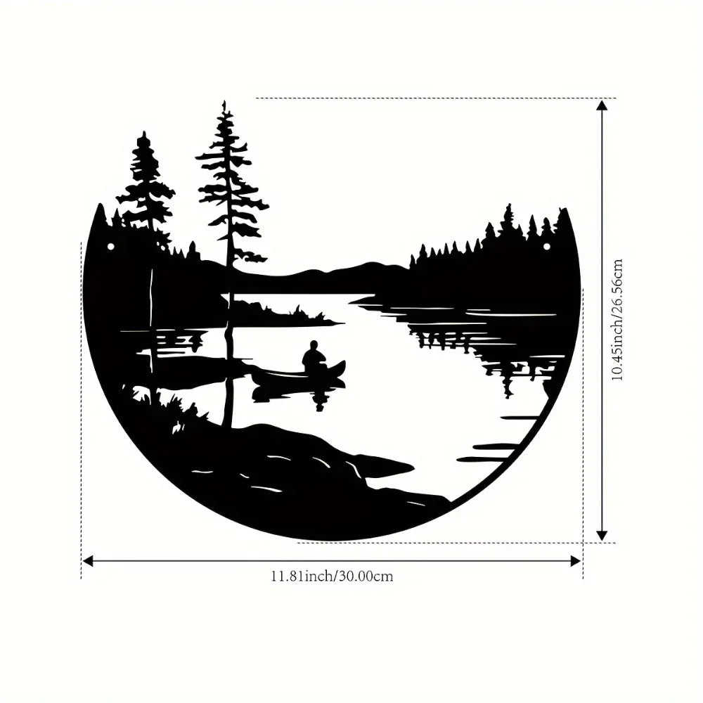 1PC Round Metal Wall Decor Bohemian Lake Mountain Silhouette Art Rustic Outdoor Sculpture for Home & Patio Decoration