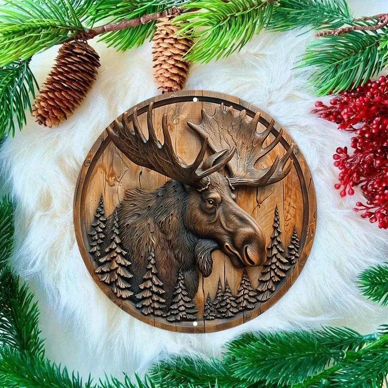 Moose and Pine Trees Circular Wood Carving Wall Decor, Waterproof Aluminum Metal Sign for Indoor and Outdoor Use, Rustic Wreath