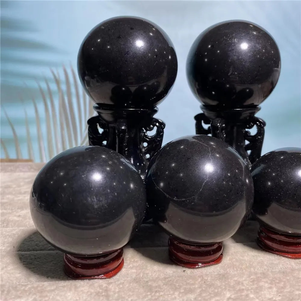 Tourmaline Black Natural  Quartz Crystal Ball  Healing Stones Specimen Living Home Craft Decoration Gift Shpere+Stand