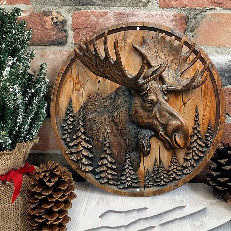 Moose and Pine Trees Circular Wood Carving Wall Decor, Waterproof Aluminum Metal Sign for Indoor and Outdoor Use, Rustic Wreath