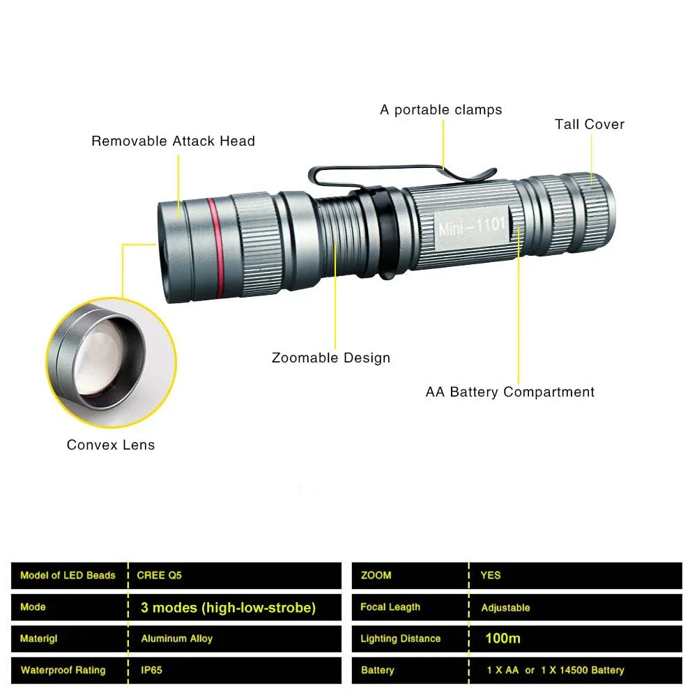 Mini LED Flashlight Q5 Portable Torch Flashlights 3 Modes Waterproof AA Battery Powered For Camping Hiking Emergency Lighting