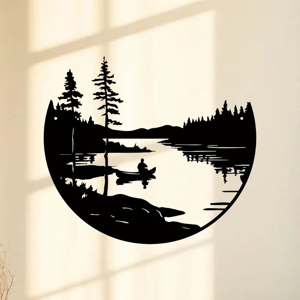 1PC Round Metal Wall Decor Bohemian Lake Mountain Silhouette Art Rustic Outdoor Sculpture for Home & Patio Decoration