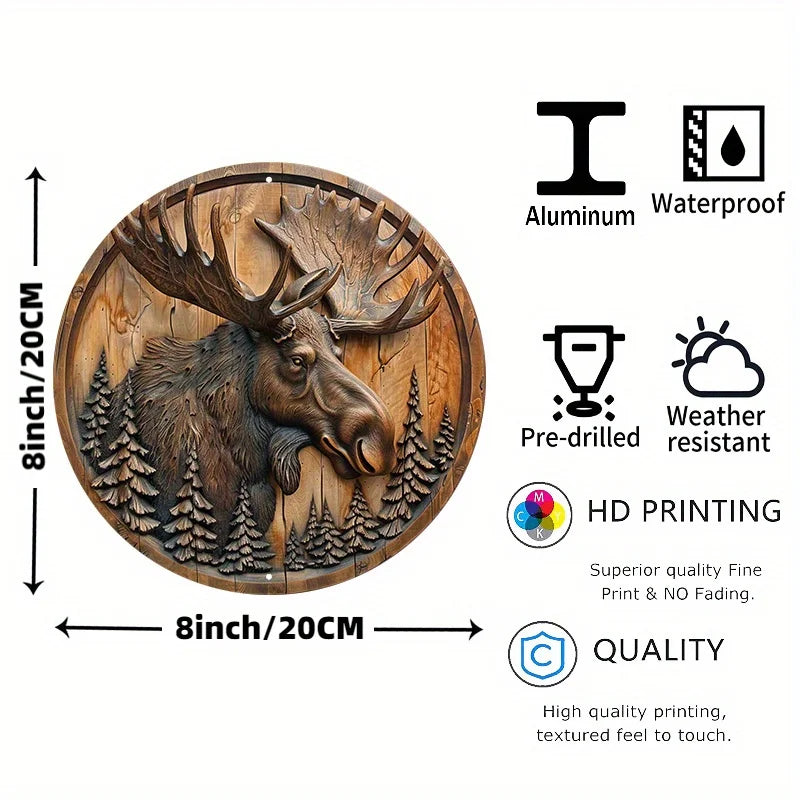 Moose and Pine Trees Circular Wood Carving Wall Decor, Waterproof Aluminum Metal Sign for Indoor and Outdoor Use, Rustic Wreath