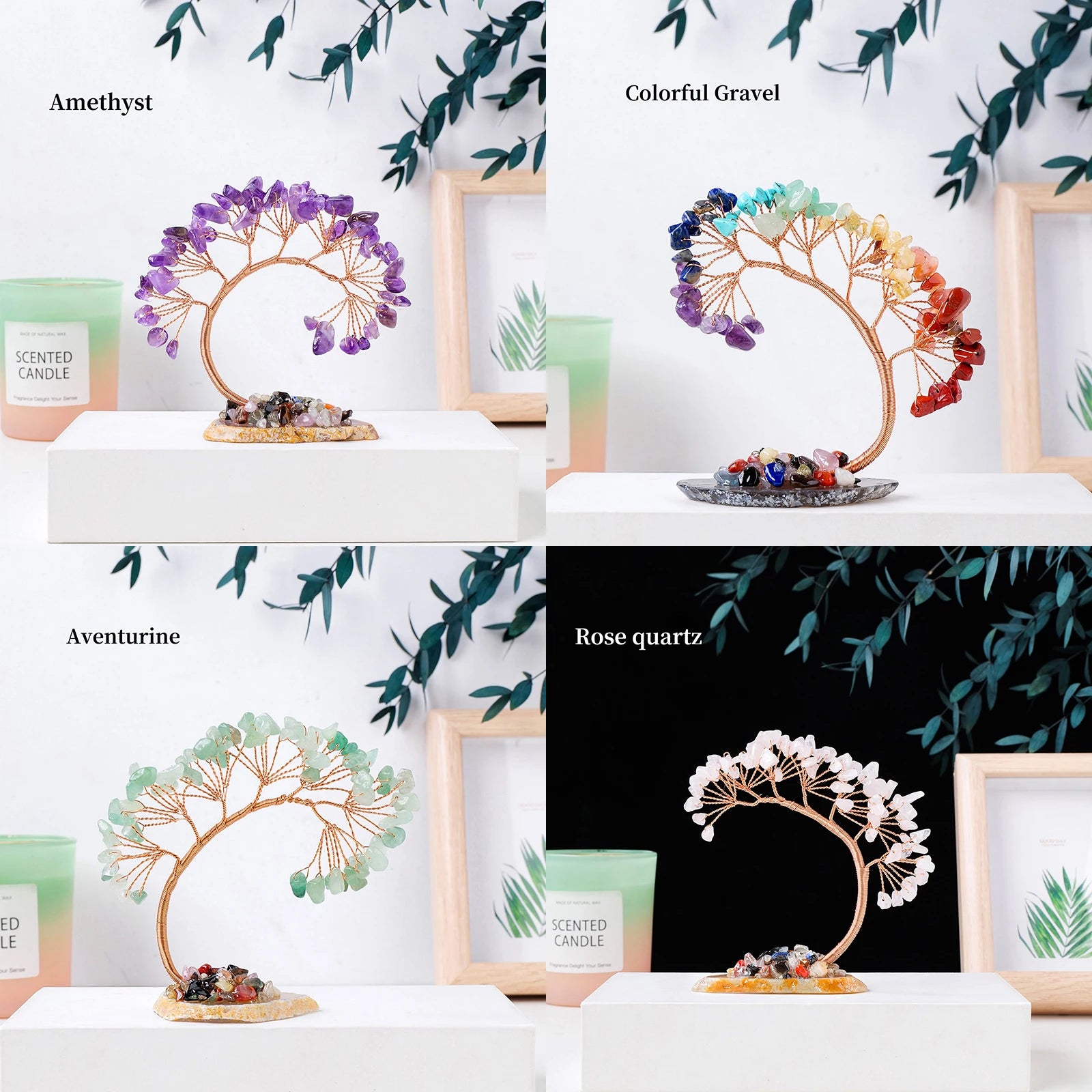 Natural Crystal Lucky Tree Copper Wire Winding Amethyst Gravel With Agate Slice Base Home Decoration Money Trees