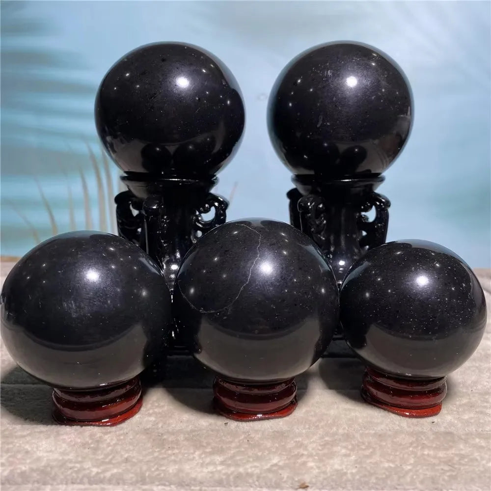 Tourmaline Black Natural  Quartz Crystal Ball  Healing Stones Specimen Living Home Craft Decoration Gift Shpere+Stand