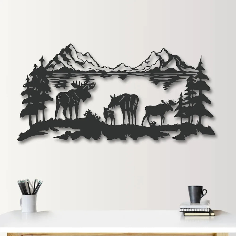 Moose Family Metal Wall Art, Rustic Mountain Lake Silhouette, Iron Wildlife Decor for Cabin Home Patio, Nature Hunting Gift