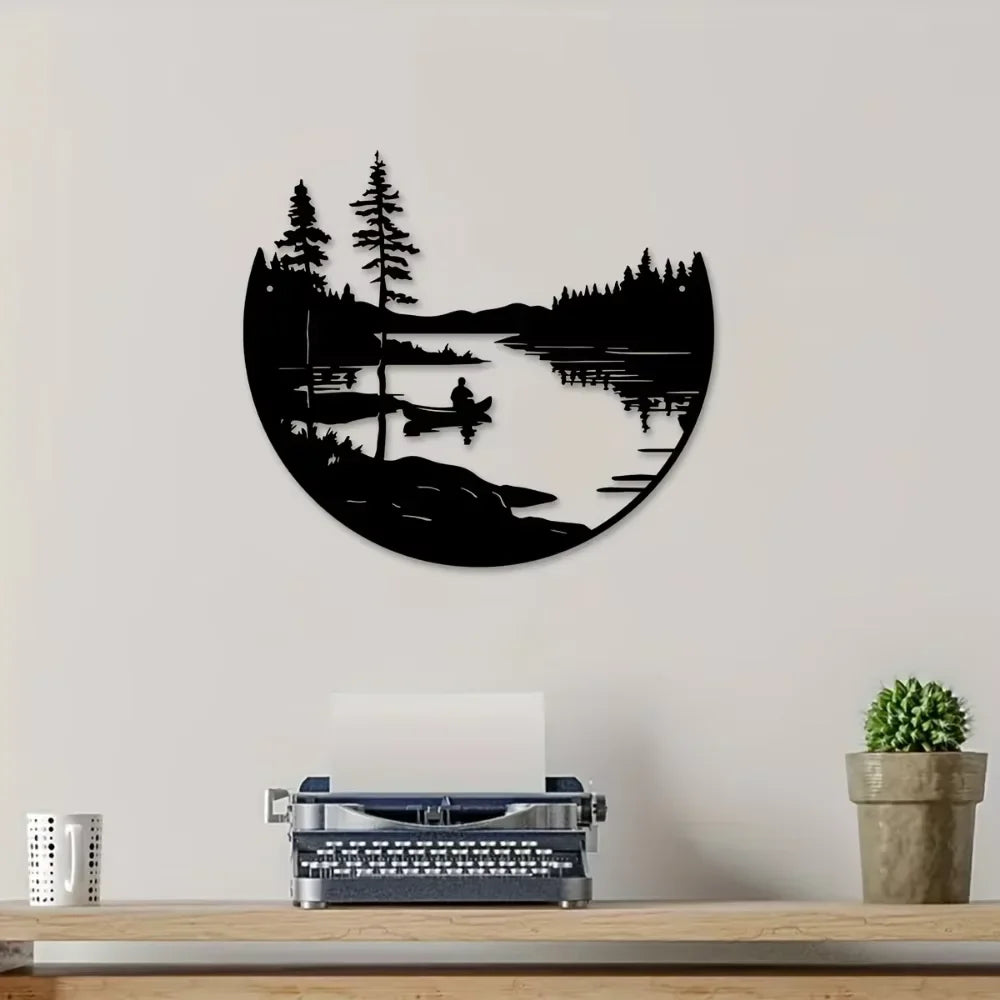 1PC Round Metal Wall Decor Bohemian Lake Mountain Silhouette Art Rustic Outdoor Sculpture for Home & Patio Decoration