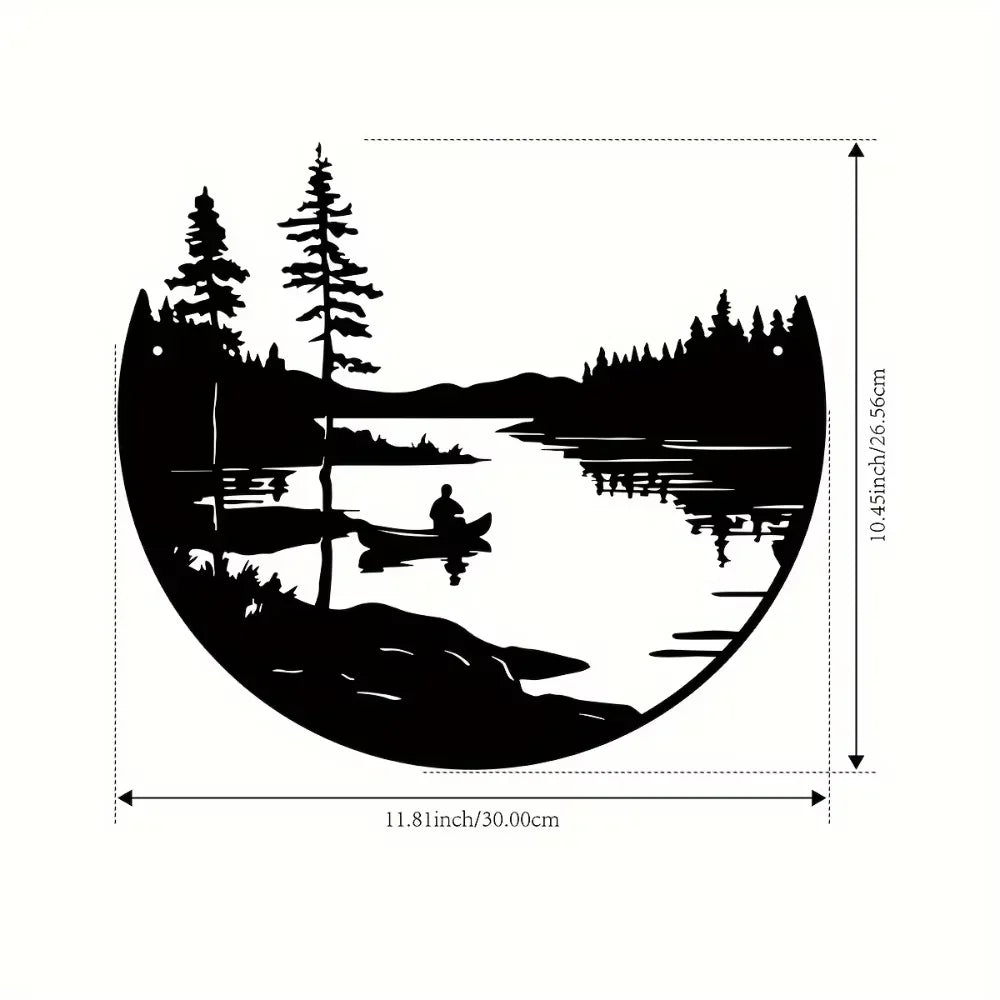 1PC Round Metal Wall Decor Bohemian Lake Mountain Silhouette Art Rustic Outdoor Sculpture for Home & Patio Decoration