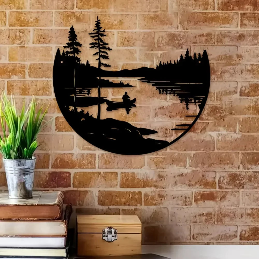 1PC Round Metal Wall Decor Bohemian Lake Mountain Silhouette Art Rustic Outdoor Sculpture for Home & Patio Decoration