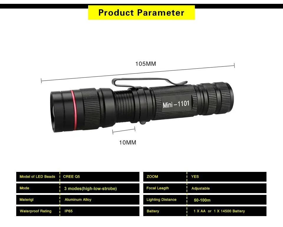 Mini LED Flashlight Q5 Portable Torch Flashlights 3 Modes Waterproof AA Battery Powered For Camping Hiking Emergency Lighting