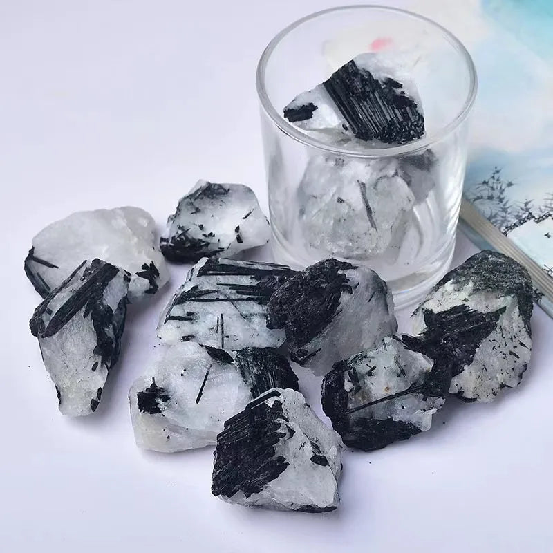 Natural Black Tourmaline Stone White Quartz Stone Repair Ore Home Decoration Stone Mineral Specimen Irregular Crystal Healing