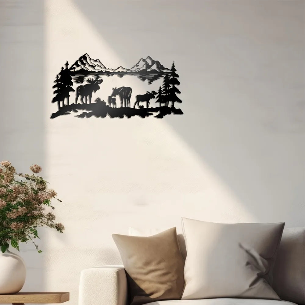 Moose Family Metal Wall Art, Rustic Mountain Lake Silhouette, Iron Wildlife Decor for Cabin Home Patio, Nature Hunting Gift