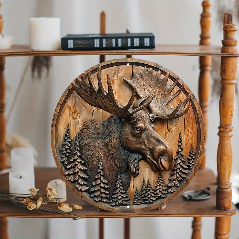 Moose and Pine Trees Circular Wood Carving Wall Decor, Waterproof Aluminum Metal Sign for Indoor and Outdoor Use, Rustic Wreath
