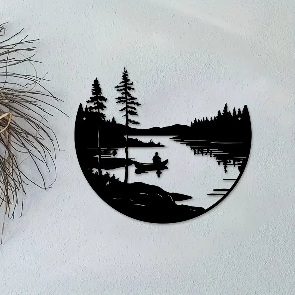 1PC Round Metal Wall Decor Bohemian Lake Mountain Silhouette Art Rustic Outdoor Sculpture for Home & Patio Decoration