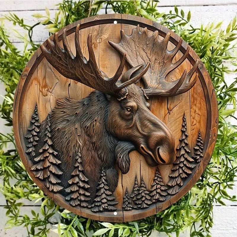 Moose and Pine Trees Circular Wood Carving Wall Decor, Waterproof Aluminum Metal Sign for Indoor and Outdoor Use, Rustic Wreath