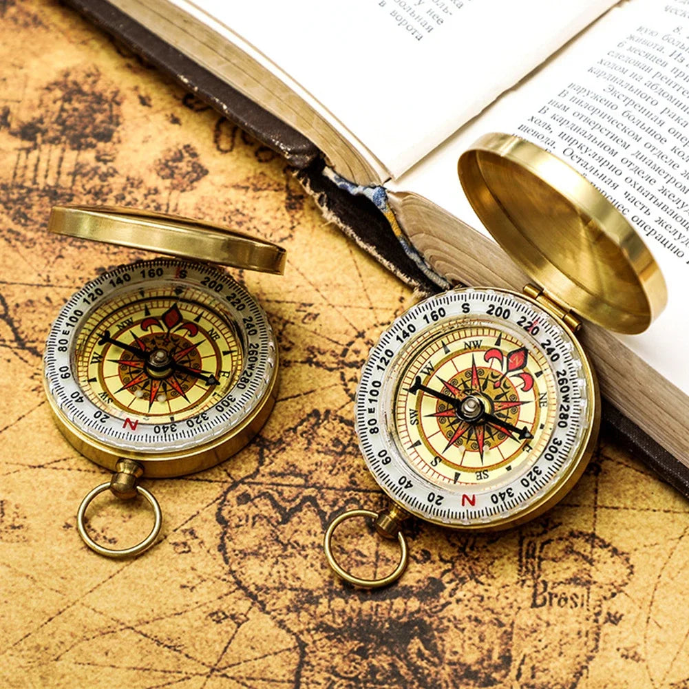 Mini Copper Navigation Compass Outdoor Waterproof Luminous Retro Flip Compasses