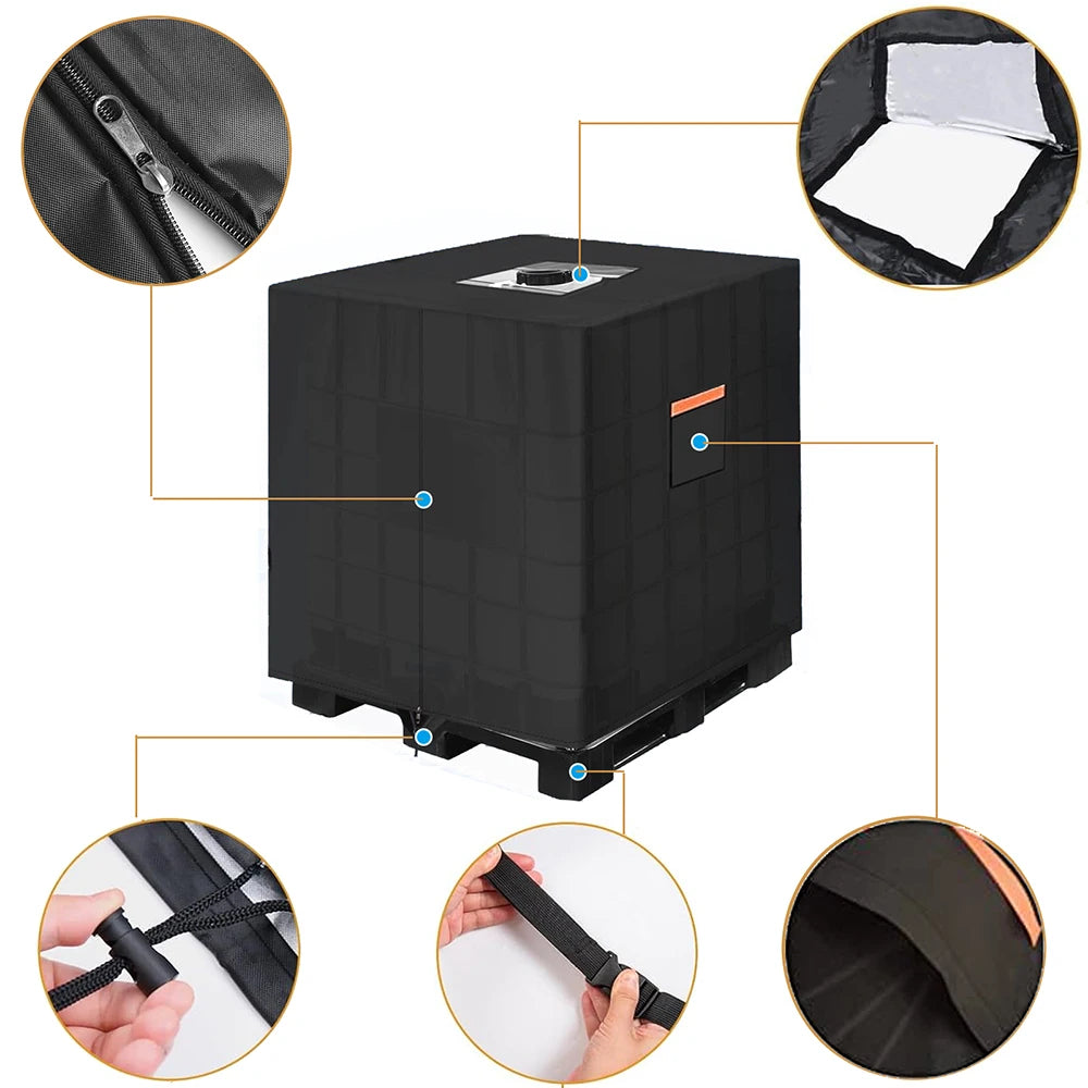 IBC Tote Cover 330 Gallon,Water Tank Cover, Tote Sunshade Waterproof Protective Cover Fit 1000L Garden Water Tank Black 210D