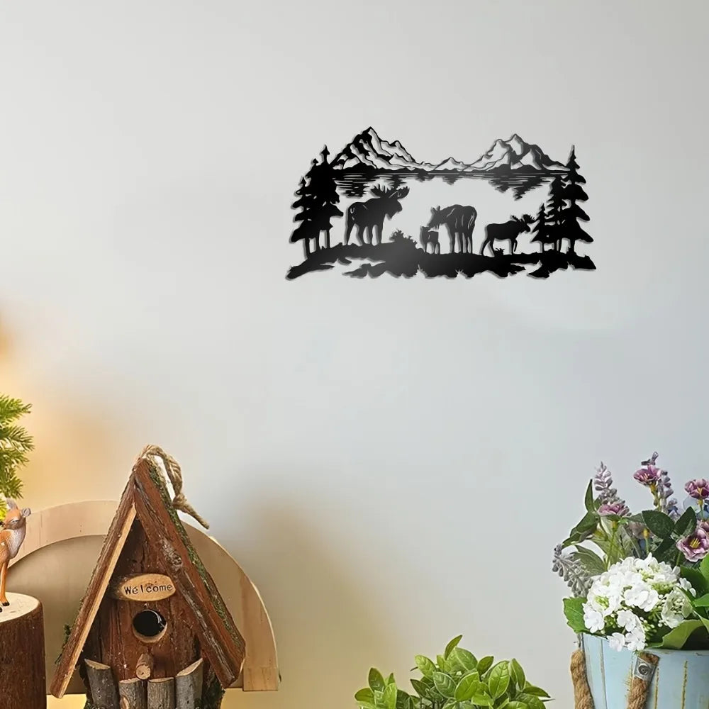 Moose Family Metal Wall Art, Rustic Mountain Lake Silhouette, Iron Wildlife Decor for Cabin Home Patio, Nature Hunting Gift