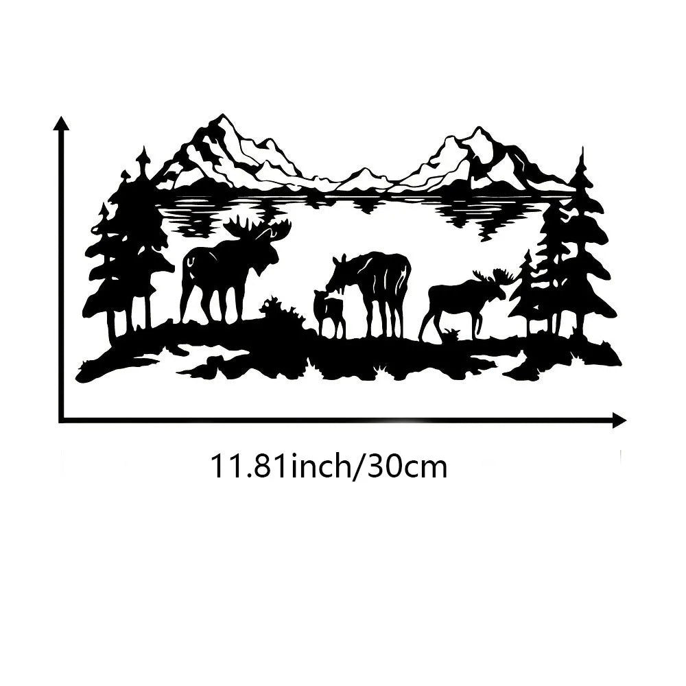 Moose Family Metal Wall Art, Rustic Mountain Lake Silhouette, Iron Wildlife Decor for Cabin Home Patio, Nature Hunting Gift
